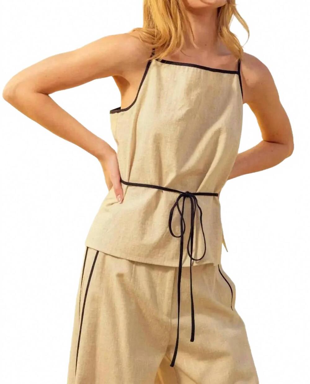 NEW MIOU MUSE sadie linen top in contrast piping oatmeal/black
